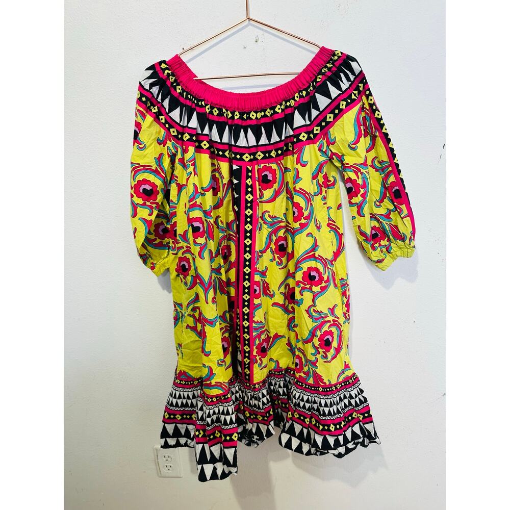 LA DOUBLEJ Yellow Paisley Mod Geo Print Three Quarter Sleeve Off Shoulder Dress - Picture 14 of 16